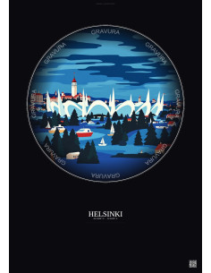 Affiche Helsinki – Poster illustration vintage – Helsinki Olympic Stadium | Gravura – Fond foncé