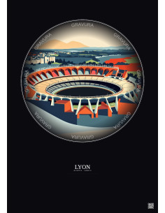 Lyon Vintage Travel Poster – Stade De Gerland | Gravura – Dark background