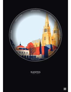 Affiche Nantes – Poster illustration vintage – Cathedrale Saint Pierre Et Saint Paul | Gravura – Fond foncé