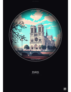 Affiche Paris – Poster illustration vintage – Notre Dame Cathedral | Gravura – Fond foncé