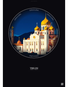 Affiche Tbilisi – Poster illustration vintage – Holy Trinity Cathedral Of Tbilisi | Gravura – Fond foncé