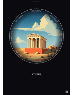 Affiche Athens – Poster illustration vintage – Hekatompedon Temple | Gravura – Fond foncé