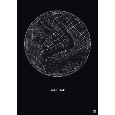 Affiche Baghdad – Poster carte de ville 6km | Gravura – Fond foncé