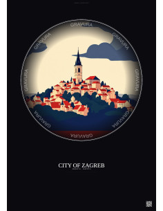 Affiche City Of Zagreb – Poster illustration vintage – Famous Viewpoint Of City Of Zagreb | Gravura – Fond foncé