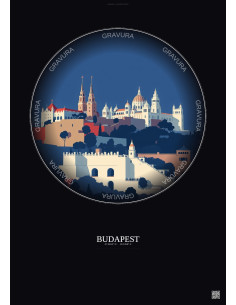 Affiche Budapest – Poster illustration vintage – Buda Castle | Gravura – Fond foncé