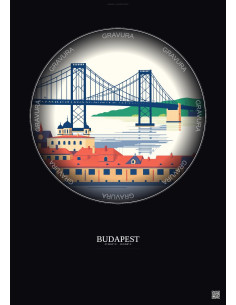Affiche Budapest – Poster illustration vintage – Szechenyi Chain Bridge | Gravura – Fond foncé