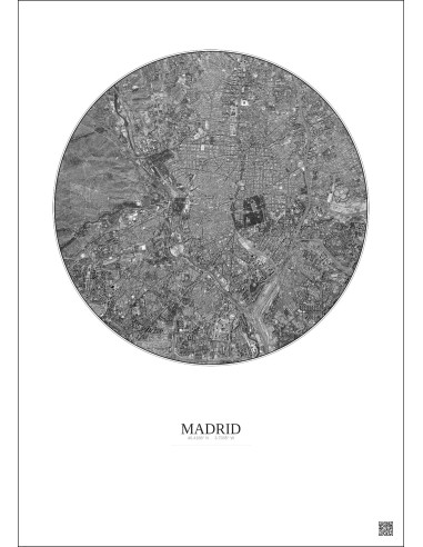 Affiche Madrid – Poster vue satellite 6km N&B | Gravura – Fond clair