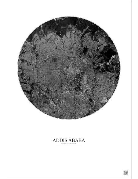 Addis Ababa Satellite View Poster 6km B&W | Gravura – Light background