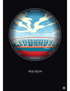 New Delhi Vintage Travel Poster – Jawaharlal Nehru Stadium | Gravura – Dark background