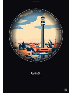 Affiche Tehran – Poster illustration vintage – Milad Tower | Gravura – Fond foncé
