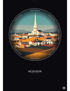 Reykjavik Vintage Travel Poster – Famous Viewpoint Of Reykjavik | Gravura – Dark background