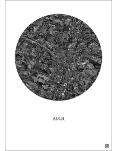 Affiche Auch – Poster vue satellite 2.5km N&B | Gravura – Fond clair 2