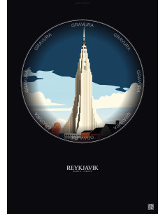 Reykjavik Vintage Travel Poster – Most Iconic Landmark Of Reykjavik | Gravura – Dark background