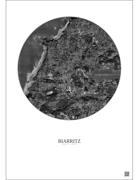 Affiche Biarritz – Poster vue satellite 2.5km N&B | Gravura – Fond clair