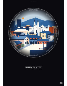Affiche Bishkek City – Poster illustration vintage – Historic Old Town Of Bishkek City | Gravura – Fond foncé