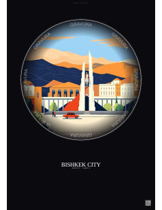 Affiche Bishkek City – Poster illustration vintage – Most Iconic Landmark Of Bishkek City | Gravura – Fond foncé