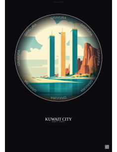 Affiche Kuwait City – Poster illustration vintage – Kuwait Towers | Gravura – Fond foncé