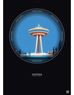 Affiche Astana – Poster illustration vintage – Bayterek | Gravura – Fond foncé