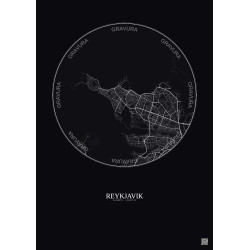 Affiche Reykjavik – Poster carte de ville 6km | Gravura – Fond foncé