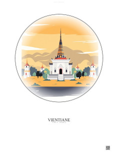 Affiche Vientiane – Poster illustration vintage – Wat Si Muang | Gravura – Fond clair