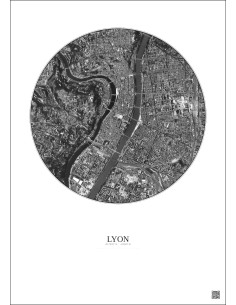 Affiche Lyon – Poster vue satellite 2.5km N&B | Gravura – Fond clair 2