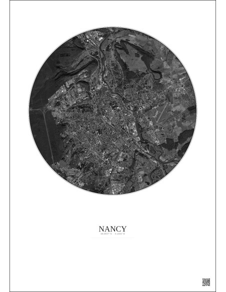 Nancy Satellite View Poster 6km B&W | Gravura – Light background