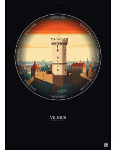 Affiche Vilnius – Poster illustration vintage – Gediminas Tower | Gravura – Fond foncé
