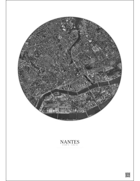 Nantes Satellite View Poster 2.5km B&W | Gravura – Light background