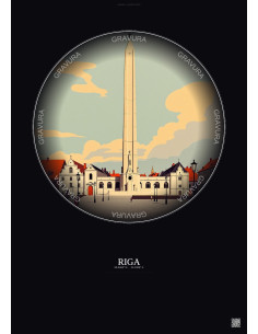 Affiche Riga – Poster illustration vintage – Freedom Monument | Gravura – Fond foncé