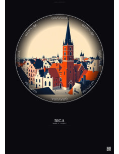 Affiche Riga – Poster illustration vintage – St Peter S Church | Gravura – Fond foncé