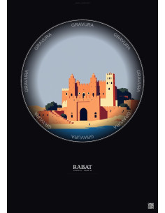 Affiche Rabat – Poster illustration vintage – Chellah | Gravura – Fond foncé