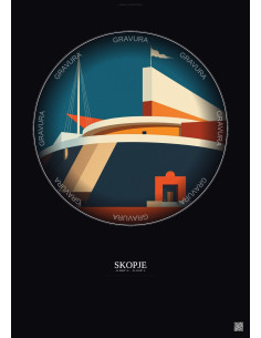 Affiche Skopje – Poster illustration vintage – Arena Philip Ii Of Macedonia Tose Proeski Todor | Gravura – Fond foncé