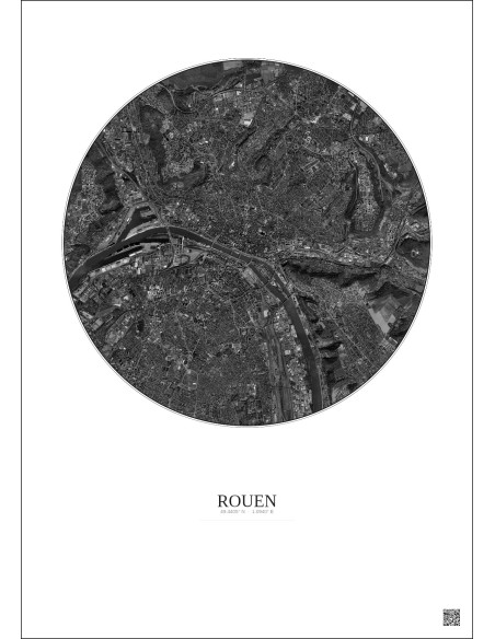 Affiche Rouen – Poster vue satellite 5km N&B | Gravura – Fond clair