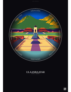 Affiche Ulaanbaatar – Poster illustration vintage – Sukhbaatar Square | Gravura – Fond foncé