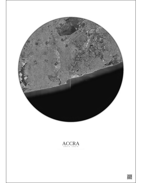 Accra Satellite View Poster 10km B&W | Gravura – Light background