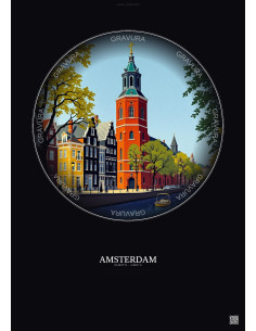 Affiche Amsterdam – Poster illustration vintage – Westerkerk | Gravura – Fond foncé