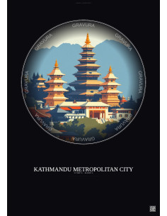 Affiche Kathmandu Metropolitan City – Poster illustration vintage – Historic Old Town Of Kathmandu Metropolitan City | Gravura –