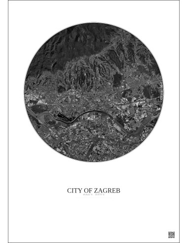 Affiche City Of Zagreb – Poster vue satellite 10km N&B | Gravura – Fond clair