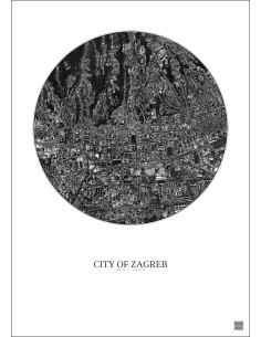 Affiche City Of Zagreb – Poster vue satellite 2.5km N&B | Gravura – Fond clair 2