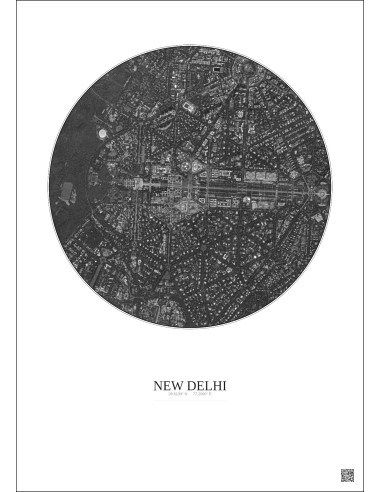 Affiche New Delhi – Poster vue satellite 2.5km N&B | Gravura – Fond clair
