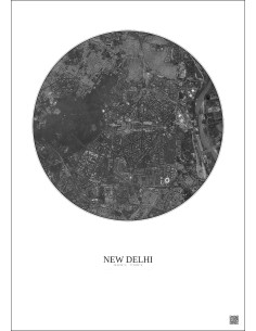 Affiche New Delhi – Poster vue satellite 6km N&B | Gravura – Fond clair 2