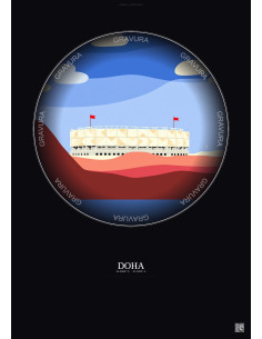Doha Vintage Travel Poster – Stadium 974 | Gravura – Dark background