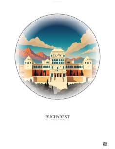 Affiche Bucharest – Poster illustration vintage – Palace Of The Parliament | Gravura – Fond clair