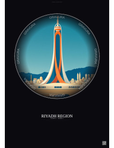 Affiche Riyadh Region – Poster illustration vintage – Most Iconic Landmark Of Riyadh Region | Gravura – Fond foncé