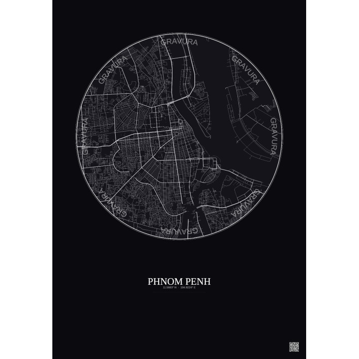 Affiche Phnom Penh – Poster carte de ville 6km | Gravura – Fond foncé