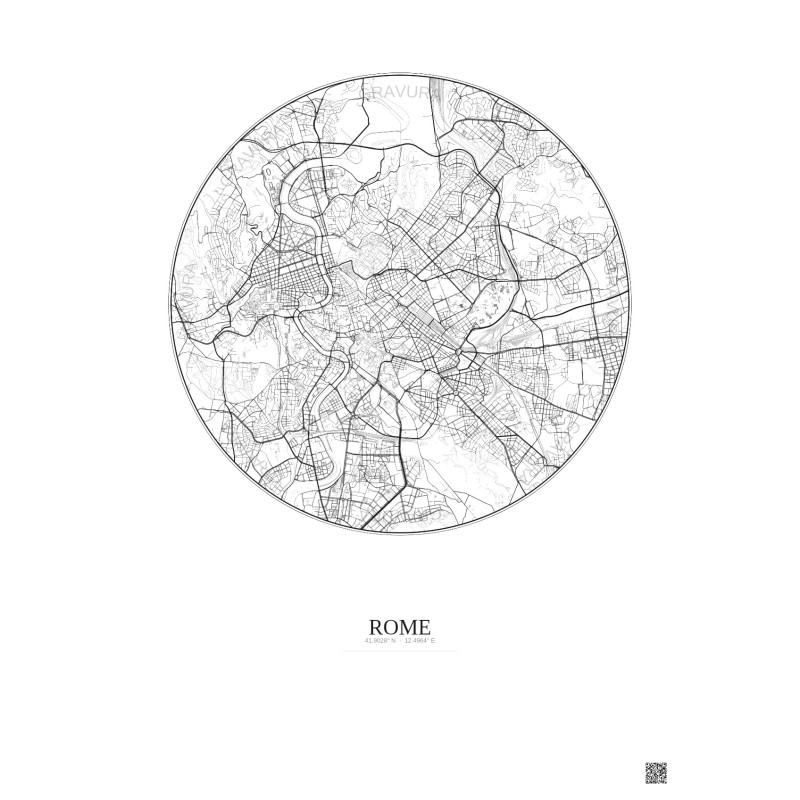 Affiche Rome – Poster carte de ville 6km | Gravura – Fond clair