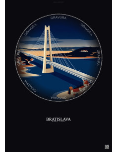 Affiche Bratislava – Poster illustration vintage – Bridge Of The Slovak National Uprising | Gravura – Fond foncé