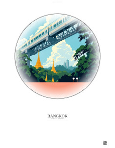 Affiche Bangkok – Poster illustration vintage – Bts Skytrain | Gravura – Fond clair