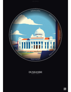 Dushanbe Vintage Travel Poster – Tajikistan National Museum | Gravura – Dark background