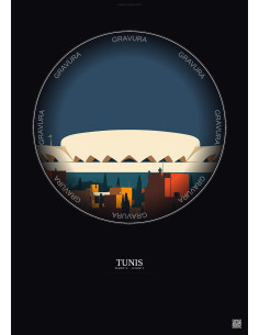Tunis Vintage Travel Poster – Stade El Menzah | Gravura – Dark background